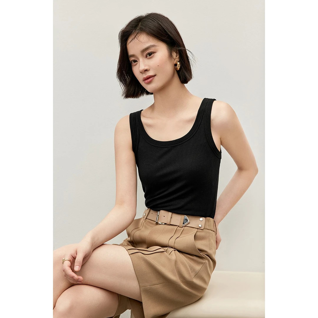 简约基础款圆领宽肩带无袖遮副乳清爽毛织宽吊带背心57122