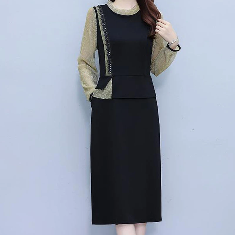 王小鸭高级气质洋气假俩件礼服裙2025秋季新款修身显瘦女装连衣裙