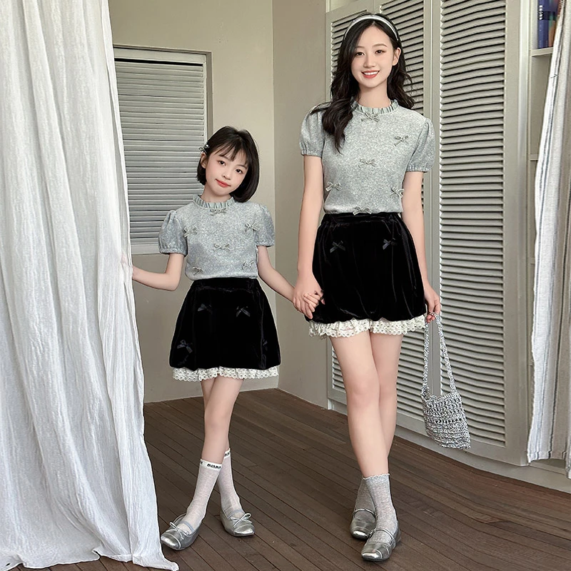 cicibaby亲子装夏季新款网红母女装蝴蝶结T恤蕾丝边短裤两件套潮