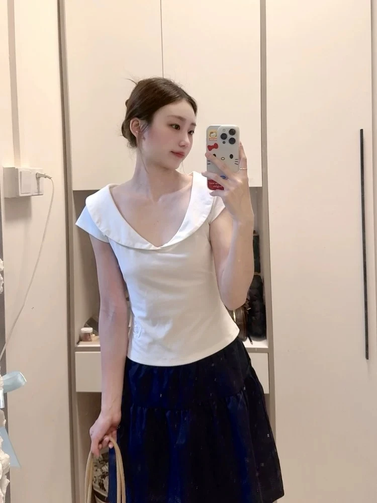 韩系甜美娃娃领白色短袖t恤女夏季2025新款修身显瘦独特别致上衣
