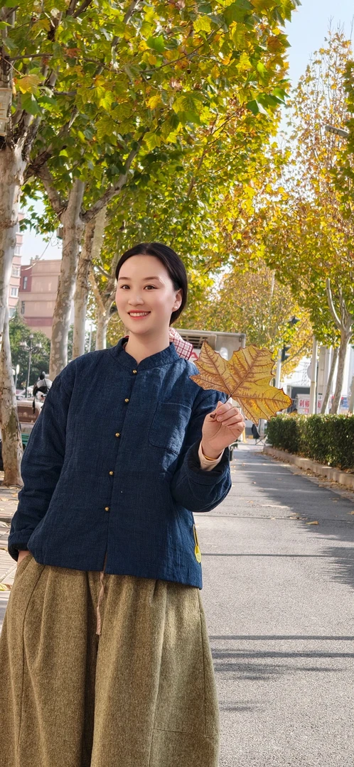 七初棉麻布衣冬款色织雨露亚麻铜扣夹棉衬衫上衣