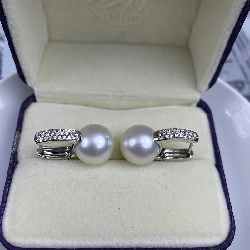 奢华18K金钻石 正圆无暇南洋珍珠耳环11-12mm 海水珍珠耳扣 高贵