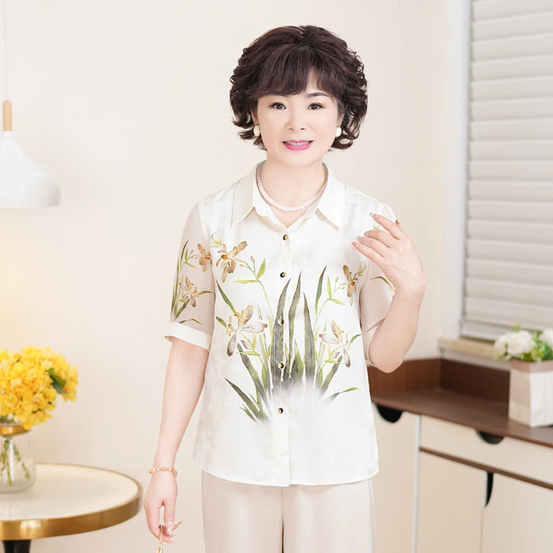 MUYUEZI/中年妈妈夏新款洋气中老年时尚大码显瘦短袖印花上衣套装