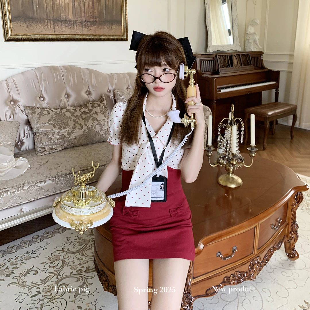 心动蔷薇多色 织物猪原创 高智感通勤风红色波点衬衫女气质短裙