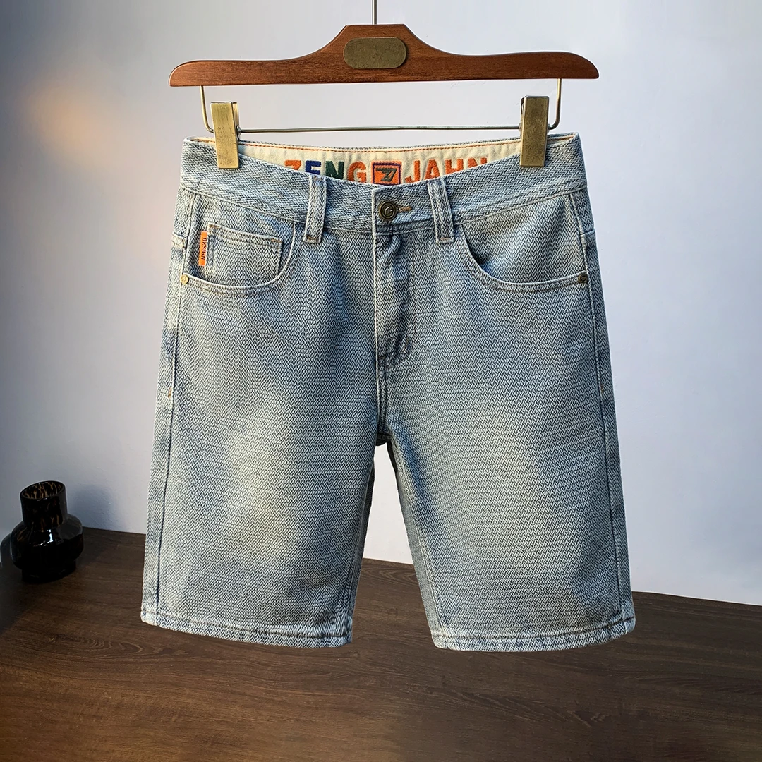 恩密比韦肌理感牛仔短裤男夏季薄款潮直筒中裤水洗绣花五分牛仔裤