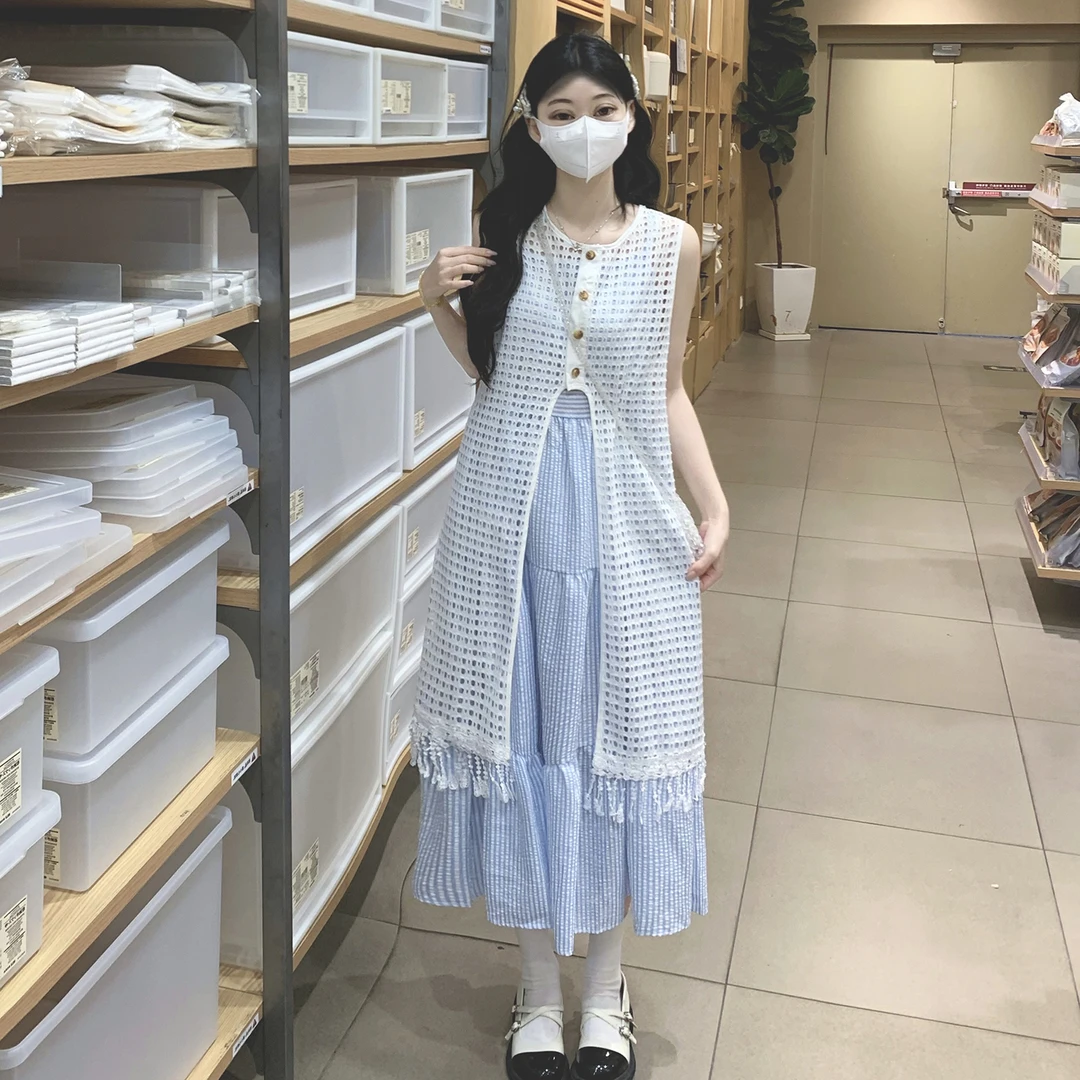 夏日穿搭套装蓝色条纹吊带裙超好看独特漂亮罩衫叠穿两件套连衣裙