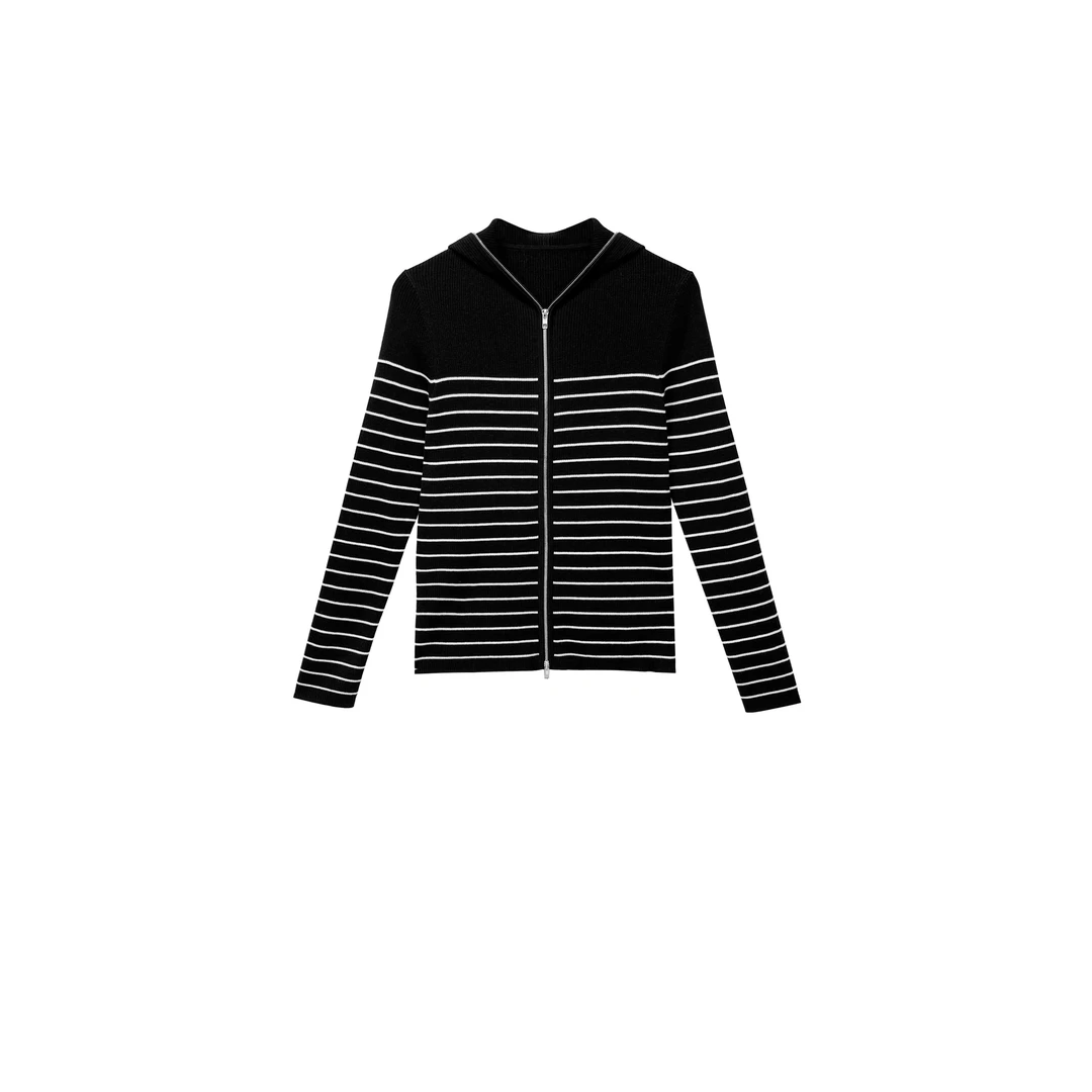 【亚楠本楠】黑帽条纹◆秋季新款连帽条纹双拉链精纺羊毛针织衫8390