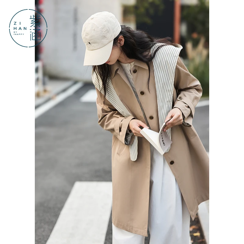 紫涵中长款翻领风衣2025春季新款英伦风单排扣宽松防风Z5Z01AN001