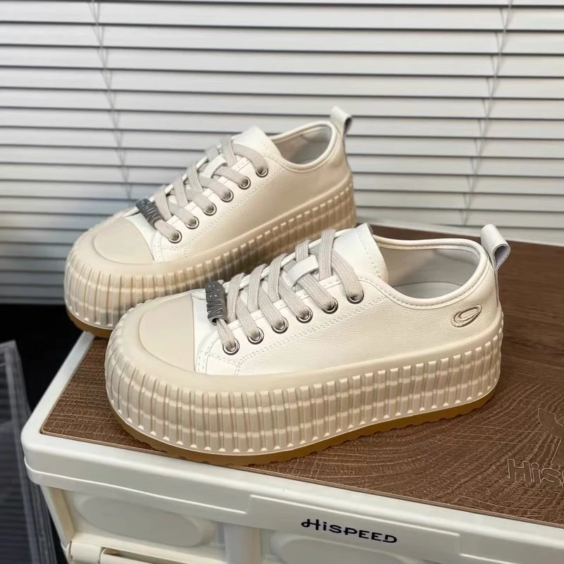 C5153  米色  时尚厚底圆头系带女休闲板鞋 运动鞋