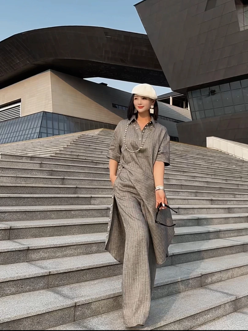 【RZ】轻奢珍珠条纹连衣裙➕条纹裤