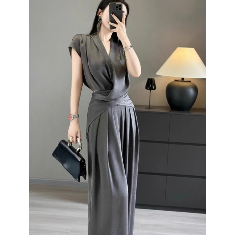 夏季薄款设计感交叉上衣高腰休闲显瘦垂感阔腿裤拖地长裤两件套装