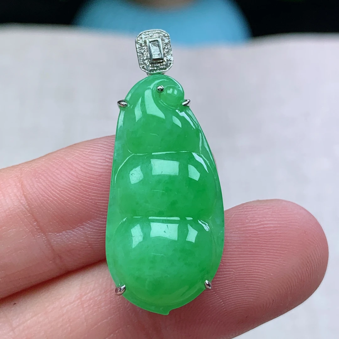 x缅甸天然翡翠A货35.4-14.5-7.7玉石满绿豆子福豆吊坠礼物镶嵌
