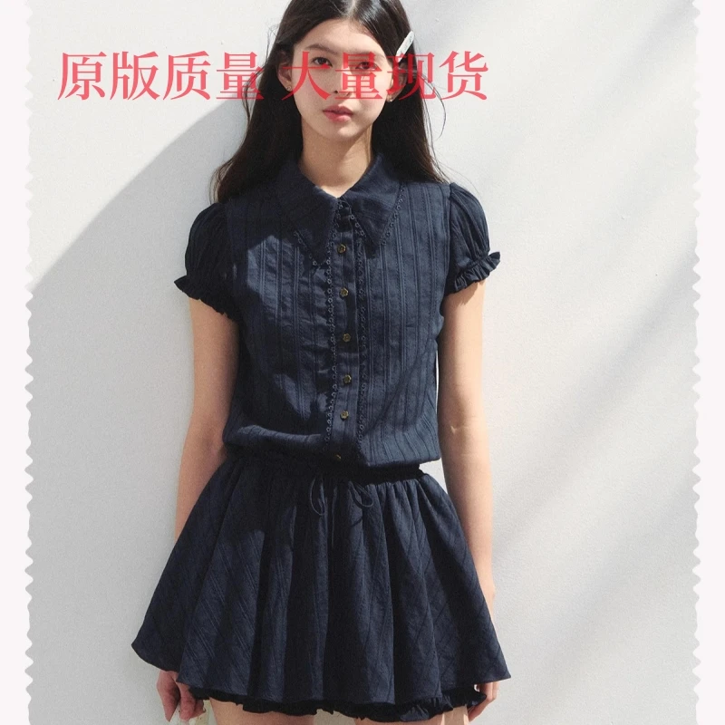 2025夏季日落公园 "夏日午后"藏青学院风短袖衬衫收腰连衣裙