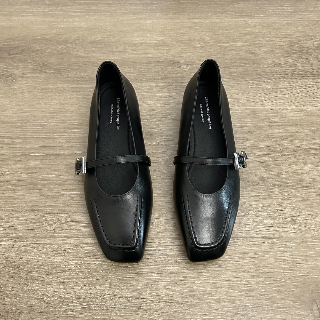 Dannyfrey 英伦风头层小牛皮方头浅口女春季法式一字带玛丽珍鞋