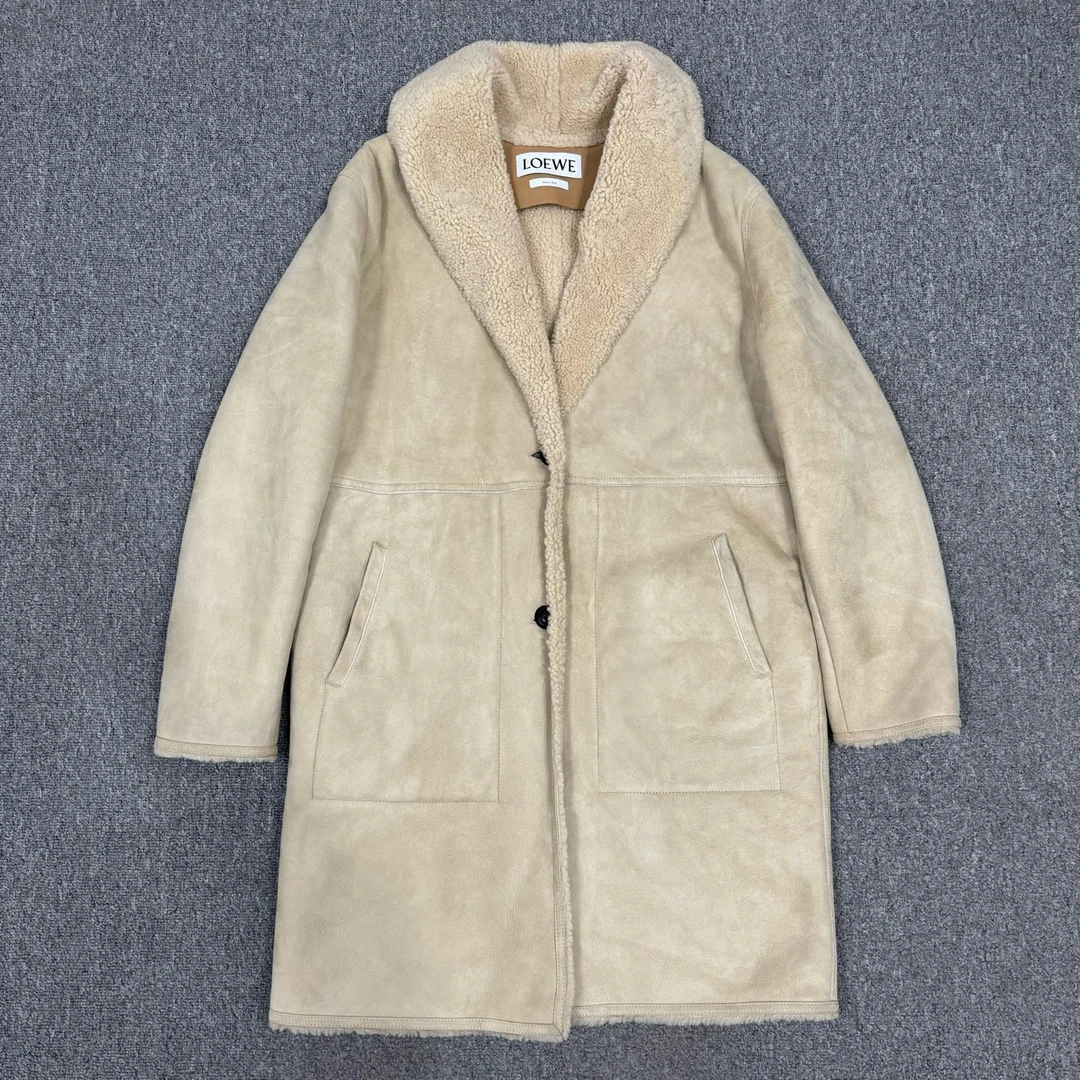 99新 LOEWE/罗意威 11658989米色皮毛一体皮牌皮衣大衣外套38码