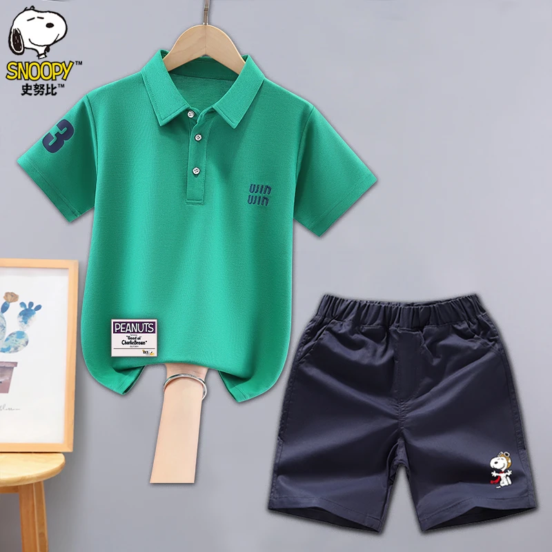 史努比男童套装夏装2026新款洋气中大童男孩polo衫短袖休闲两件套