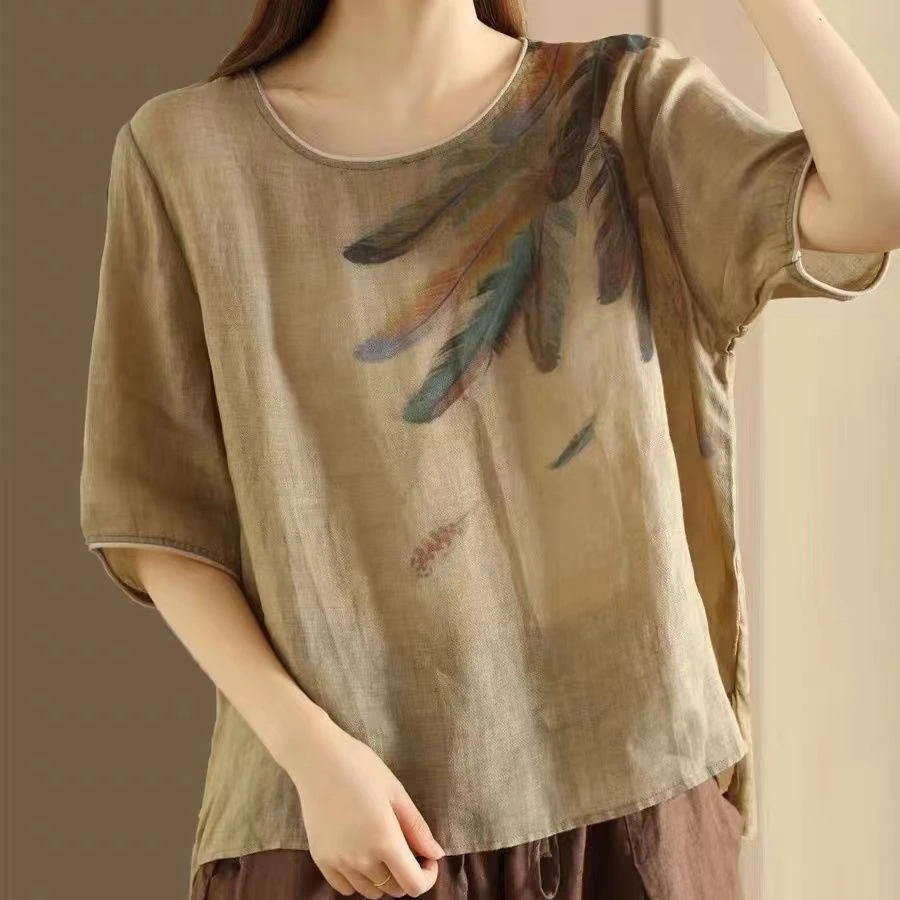夏季复古棉麻上衣文艺圆领宽松新款透气印花薄款短袖休闲T恤