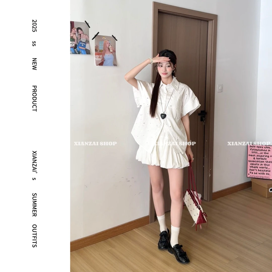 XIANZAI【书香门第】夏季新款重工刺绣钉珠镂空衬衫花苞裙两件套装