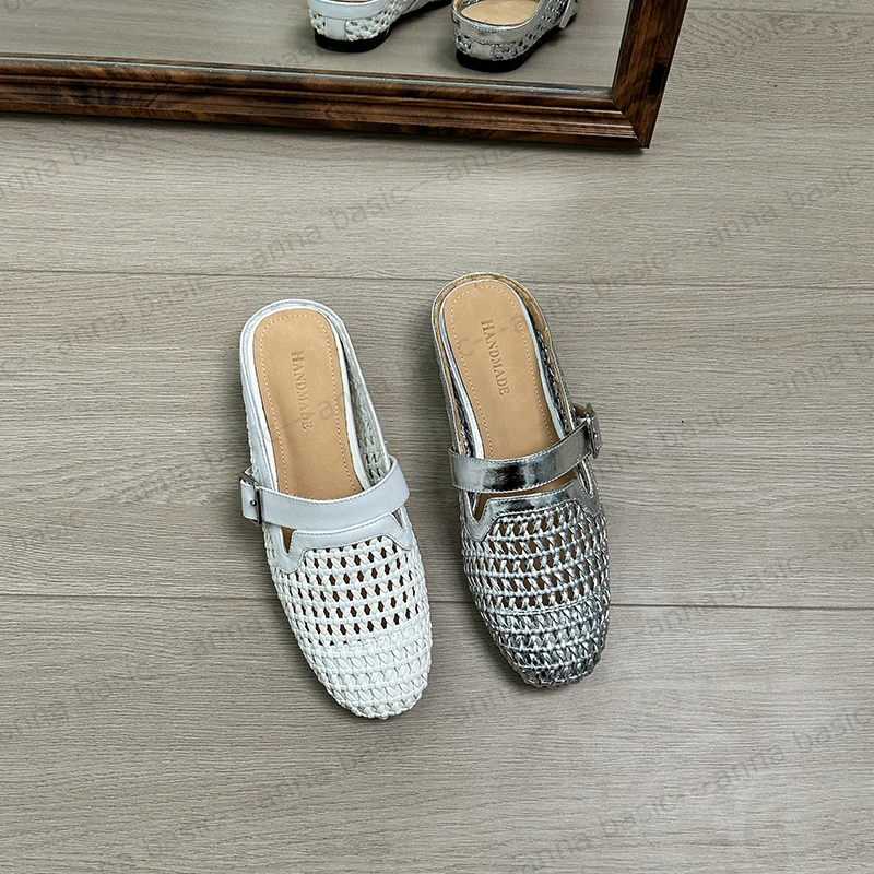 2cm/ED2022编织包头半拖鞋女夏季镂空休闲时尚纯色凉鞋外穿凉拖鞋