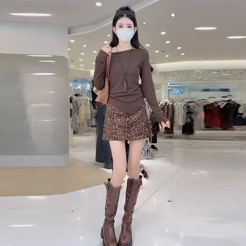 美式复古炸街套装女2025春秋新款露肩长袖t恤豹纹半身短裙两件套