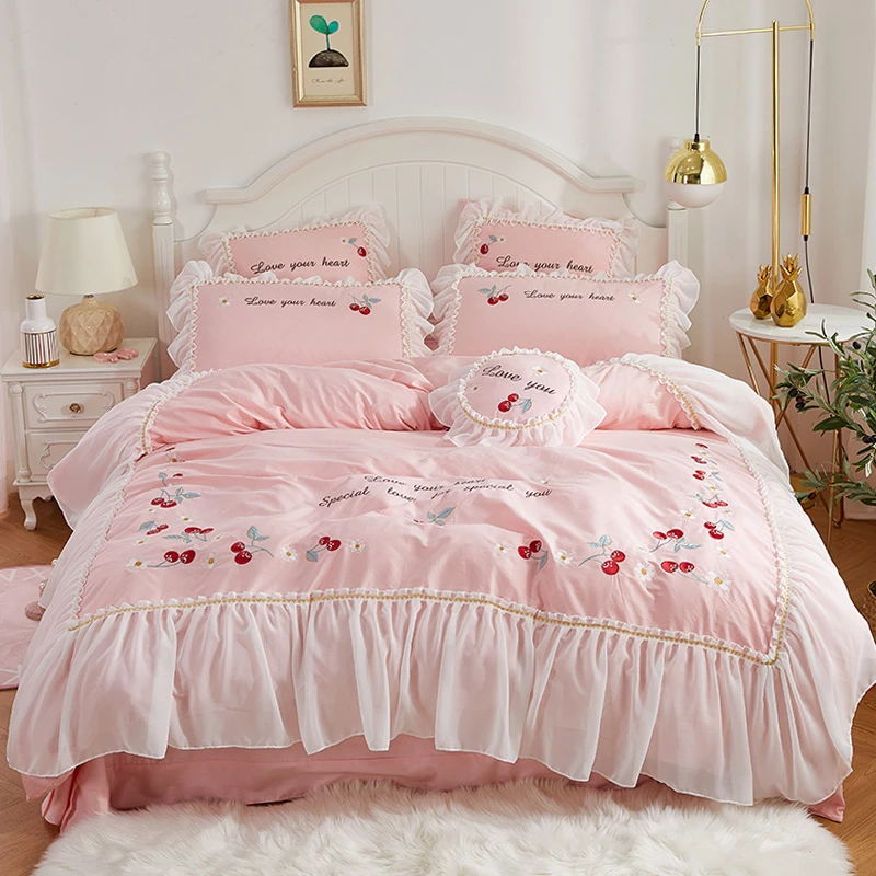 皇后娘娘  韩式少女心蕾丝花边全棉四件套公主风樱桃刺绣纯棉被套