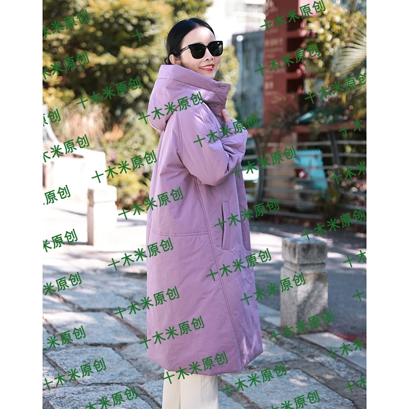 赶梦~灰紫色/十木米原创冬季新款长绒棉百搭连帽加厚棉服外套女