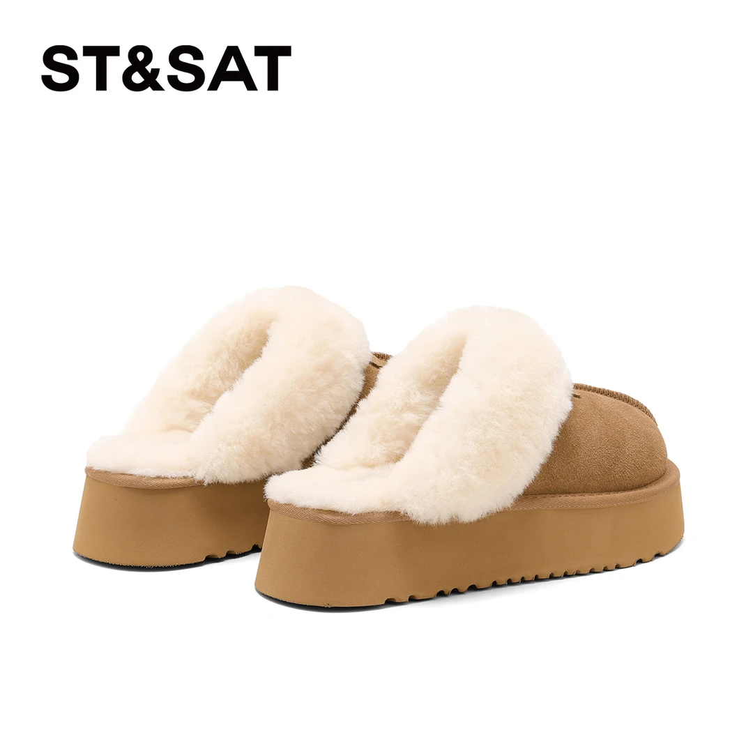 星期六真皮保暖洋气外出毛毛拖鞋子女款爆款2025新款秋冬厚底女鞋