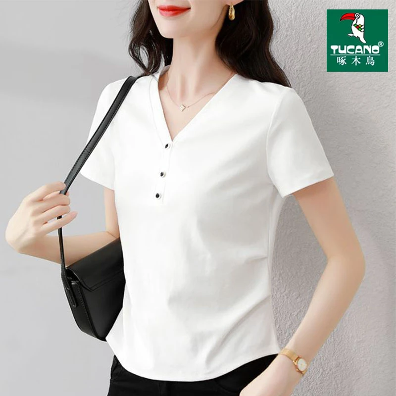 啄木鸟纯色短袖打底衫T恤上衣韩版简约2025夏装新款内搭外穿女装