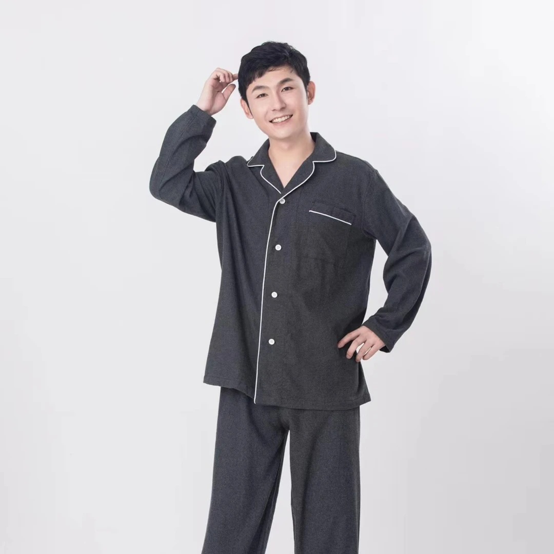 秋冬新款全棉法莱绒简约家居服套装格子春秋季睡衣简约套装