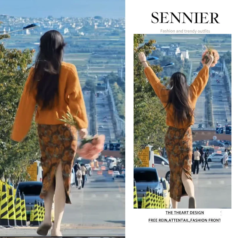 秋季温柔系穿搭女2025新款慵懒百搭针织毛衣开叉印花半身裙两件套