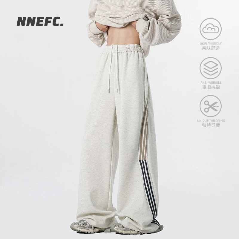 NNEFC美式三条杠运动卫裤男春秋直筒垂感阔腿裤拼接休闲长裤宽松