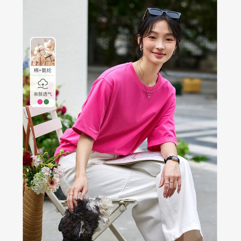 *简约风玫红色短袖T恤女2025年夏季新款多巴胺宽松圆领上衣A1229