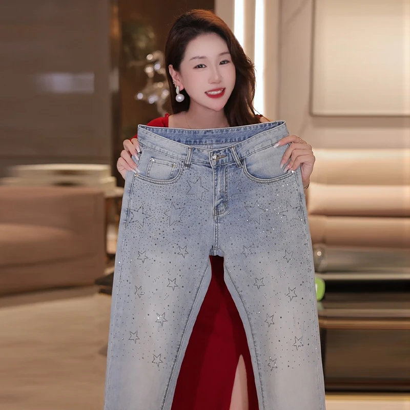 轻奢夏季薄款重工满天星烫钻浅蓝色男士修身小脚弹力潮流长牛仔裤
