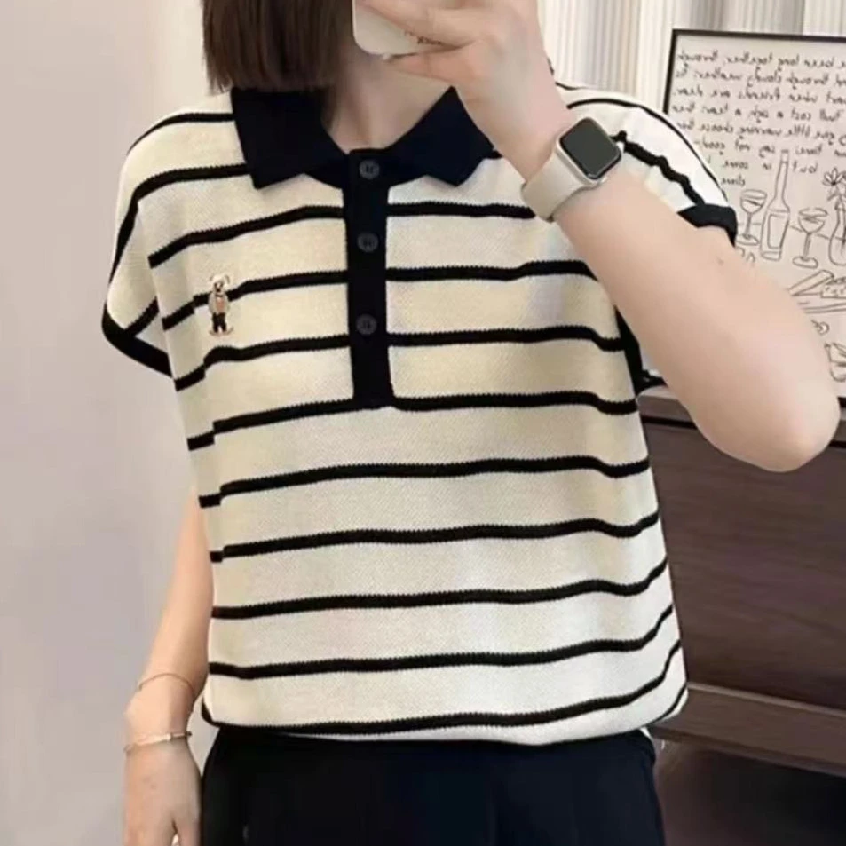 【高货-小熊条纹】夏季新款POLO领刺绣条纹显瘦短袖针织衫女 855