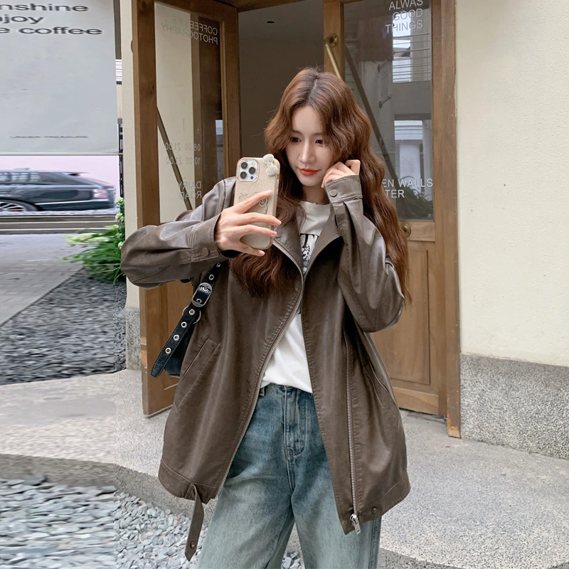 美式复古皮衣外套女2025春秋新款小众设计甜酷炸街美拉德咖色夹克