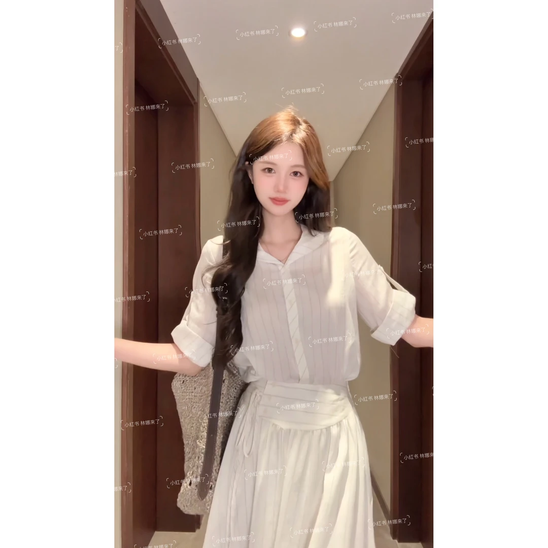 夏季温柔学姐温柔法式长裙小众拼接设计感短袖V领两件套连衣裙