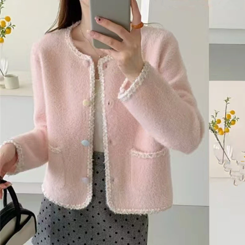 小香风仿水貂绒外套女秋冬新款韩版宽松圆领针织开衫上衣厚