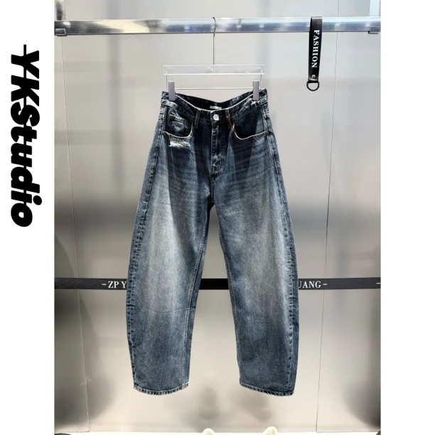 重磅水洗深海蓝色弯刀香蕉牛仔裤