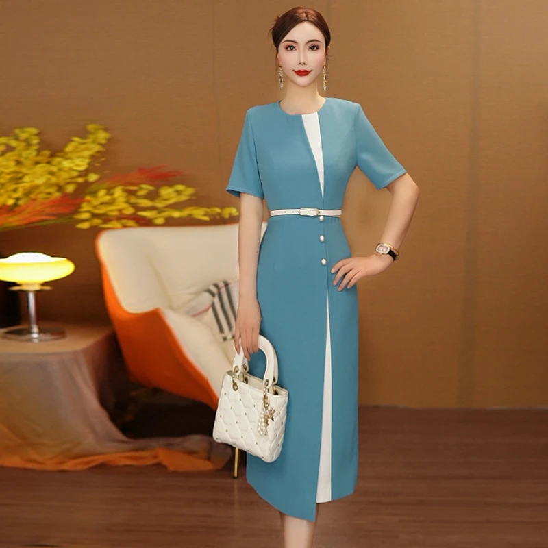 浅蓝色连衣裙短袖夏季圆领气质通勤拼接高腰一步裙新款3381