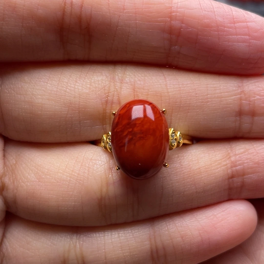 南红玛瑙银S925镶嵌珠宝奇石女戒