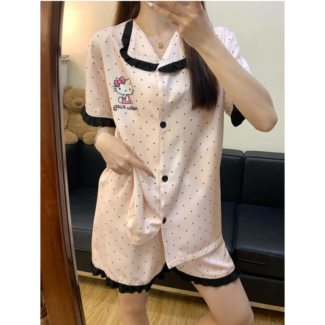 【花边Kitty两件套】新款时尚舒适软冰丝可外穿短袖短裤冰丝家居服