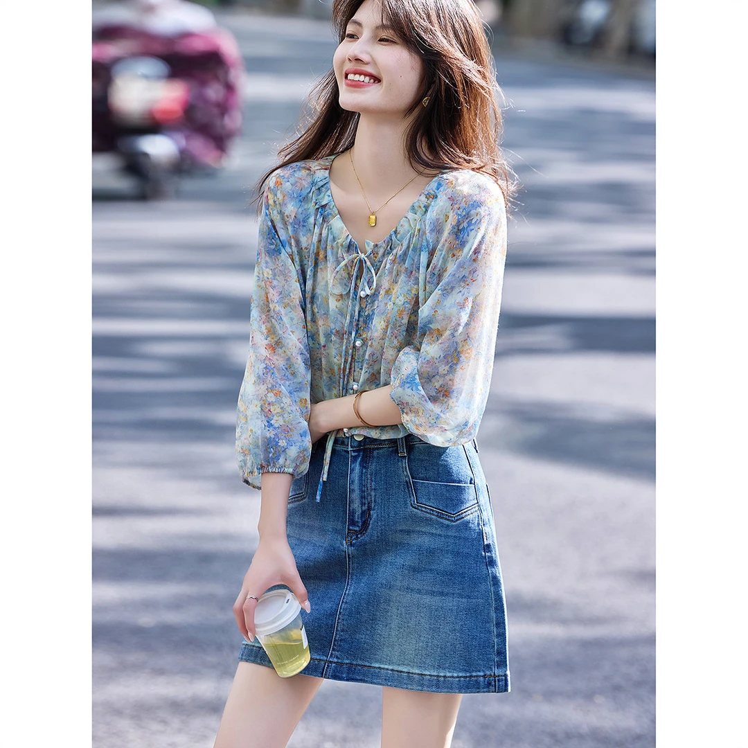 碎花雪纺衬衫女夏季2025新款七分袖时尚复古防晒衬衣宽松薄款上衣
