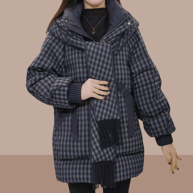 连帽格纹设计感棉服女2025冬季新款小众洋气通勤显瘦潮流通勤外套