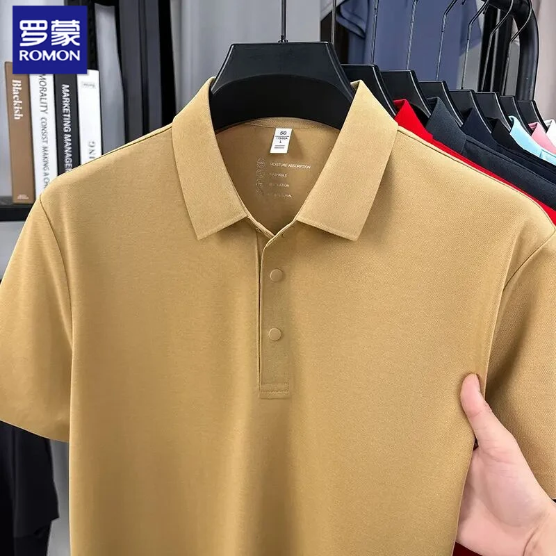 罗蒙夏季含桑蚕丝纯色短袖polo衫男士休闲百搭翻领中年商务T恤男