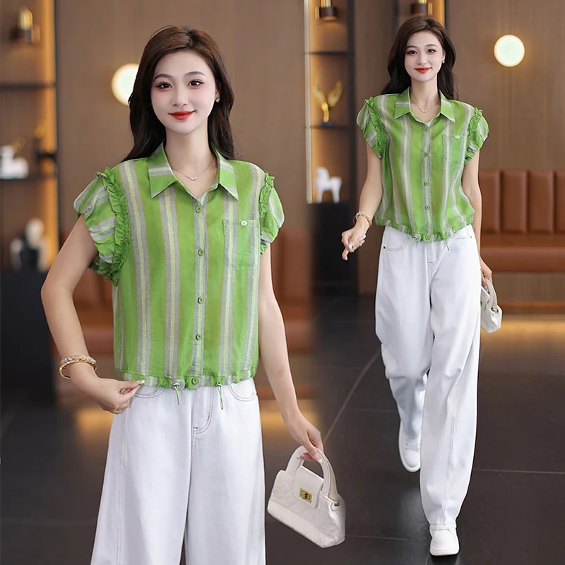 时尚条纹翻领衬衫女士夏季新款设计感下摆抽绳飞飞袖短款衬衣小衫