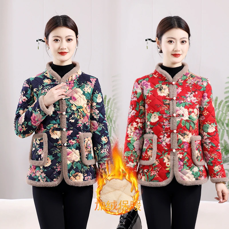 东北休闲碎花大花棉袄女冬季小个子复古盘扣加绒保暖棉衣棉服外套