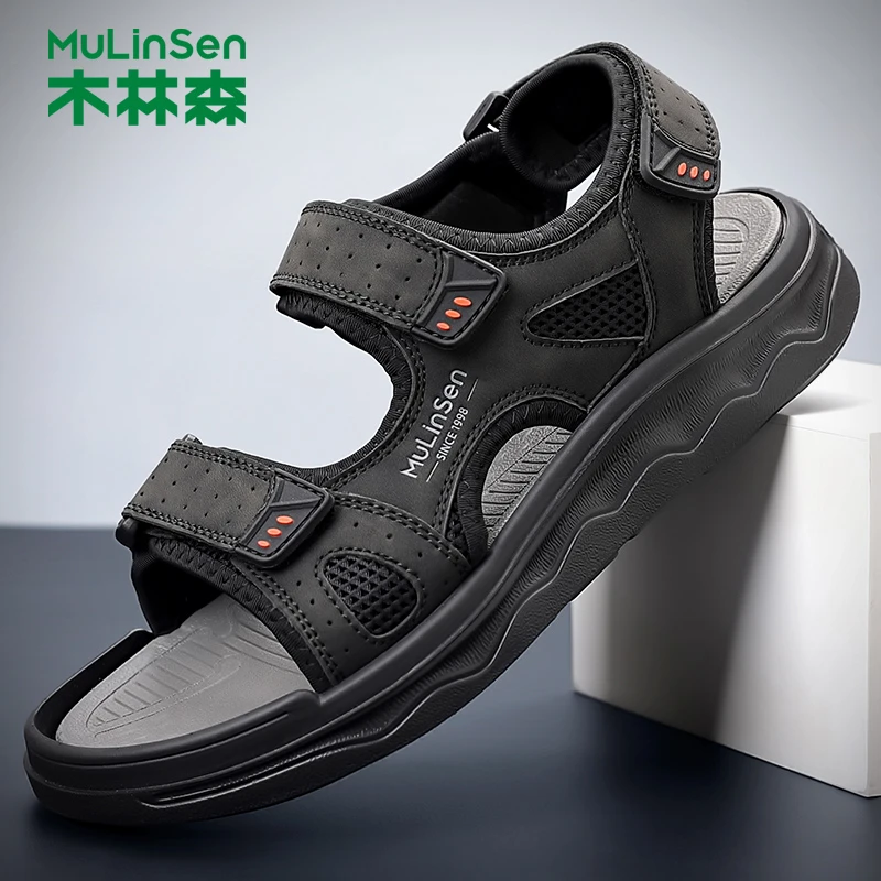 木林森运动凉鞋男秋季新款男鞋沙滩休闲百搭凉鞋外穿魔术贴开车鞋