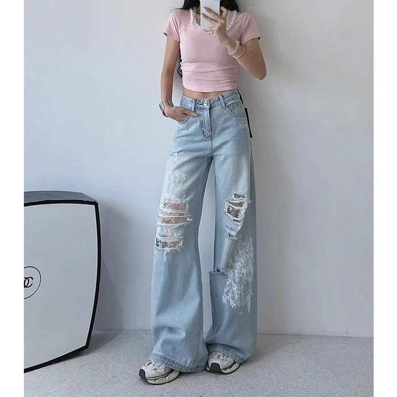 大码轻奢重工烫钻高腰直筒牛仔裤女夏季新款小众拖地破洞阔腿长裤