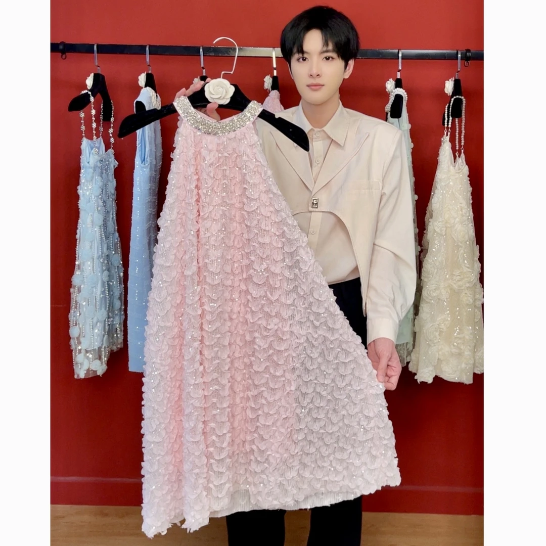 【晶粉气泡】新款粉色挂脖钉珠重工亮片礼服裙无袖夏季洋气女连衣裙