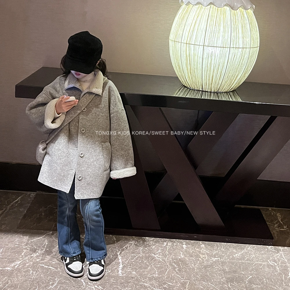 潼小乖定制2025冬季韩版中大童加厚上衣百搭灰色大衣外套5q133